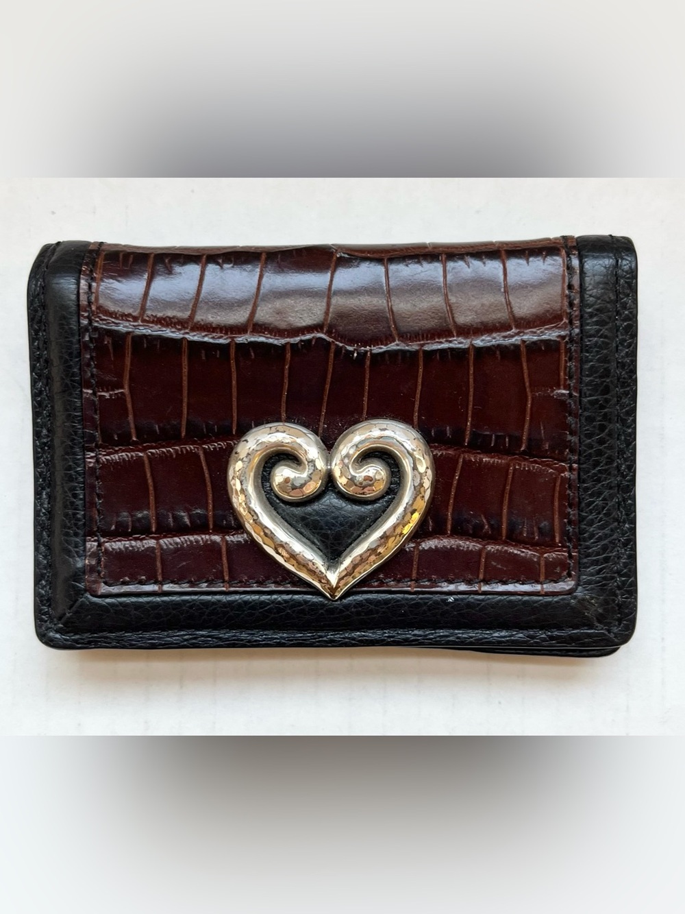 Brighton Bellissimo Heart Wallet Card Case. Brown Croc Embossed, Leather Trim.